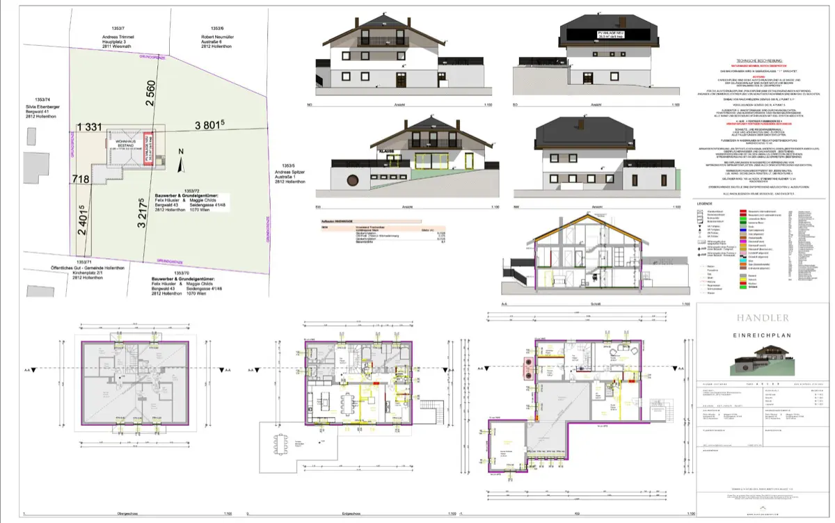 Einreichplan, cadastral drawing, elevations, floor plans